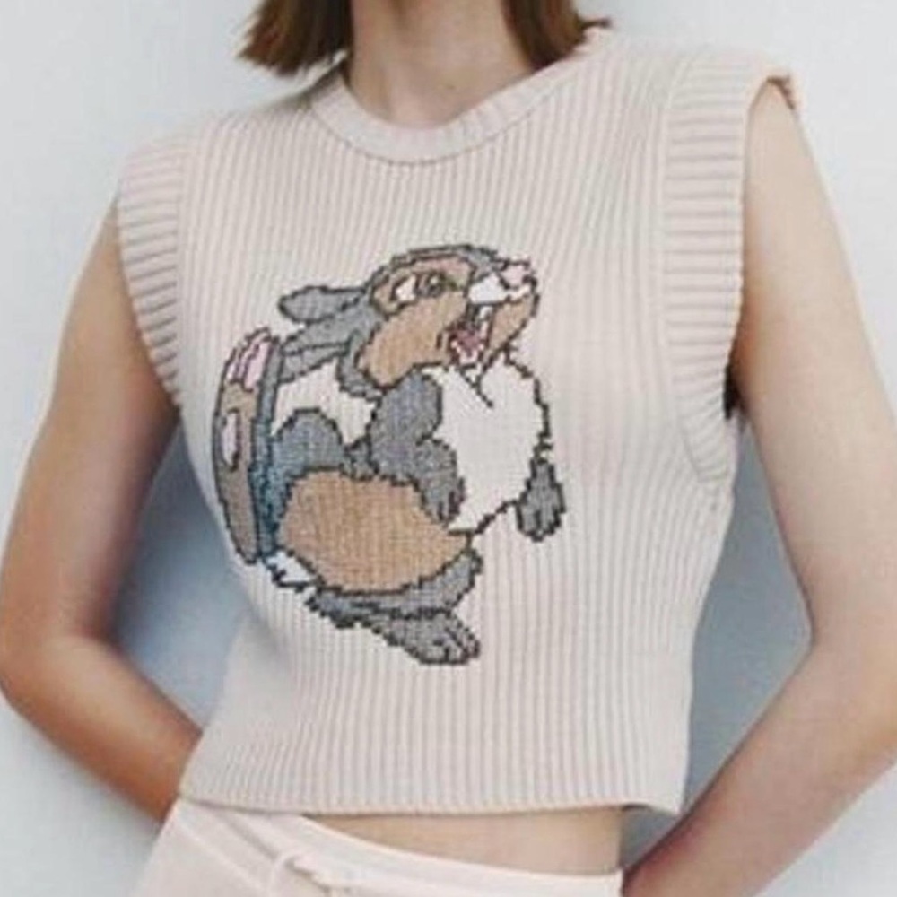 Zara Disney Classics Thumper Sweater Vest Women's Small Ribbed Knit Beige